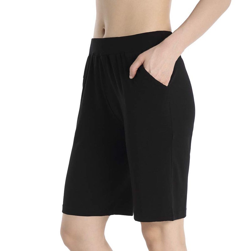 QingWan Womens Knee Length Shorts with Pockets Plus Size Elastic Waist Short Pants Yoga Black - Image 3